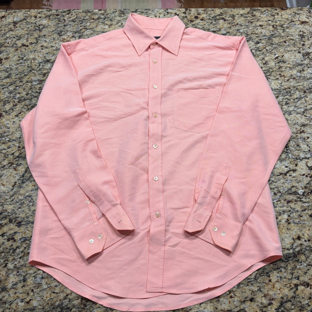 Bugatchi Uomo Mens Large Peach White Stripe Long Sleeve Button Down Shirt ws